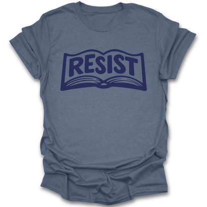 Blue t-shirt with 'RESIST' graphic on a white background book reading literary t shirt