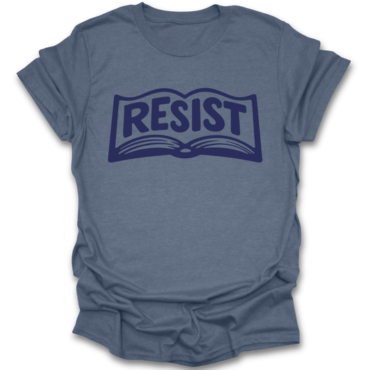 Blue t-shirt with 'RESIST' graphic on a white background book reading literary t shirt