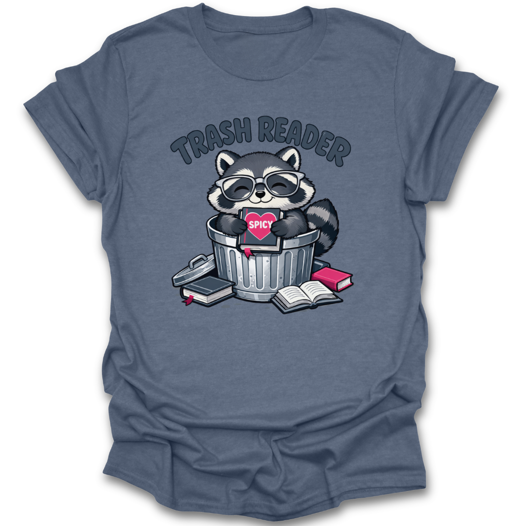 Blue t-shirt with a raccoon graphic and 'Trash Reader' text on a white background romance funny book reading literary t shirt