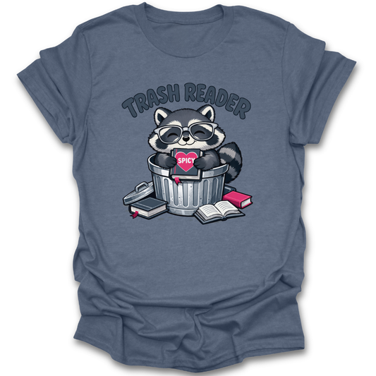 Blue t-shirt with a raccoon graphic and 'Trash Reader' text on a white background romance funny book reading literary t shirt