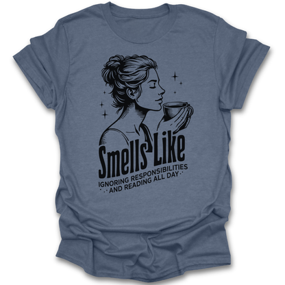 Blue t-shirt with a graphic of a woman holding a cup and text on a white background funny book reading literary t shirt