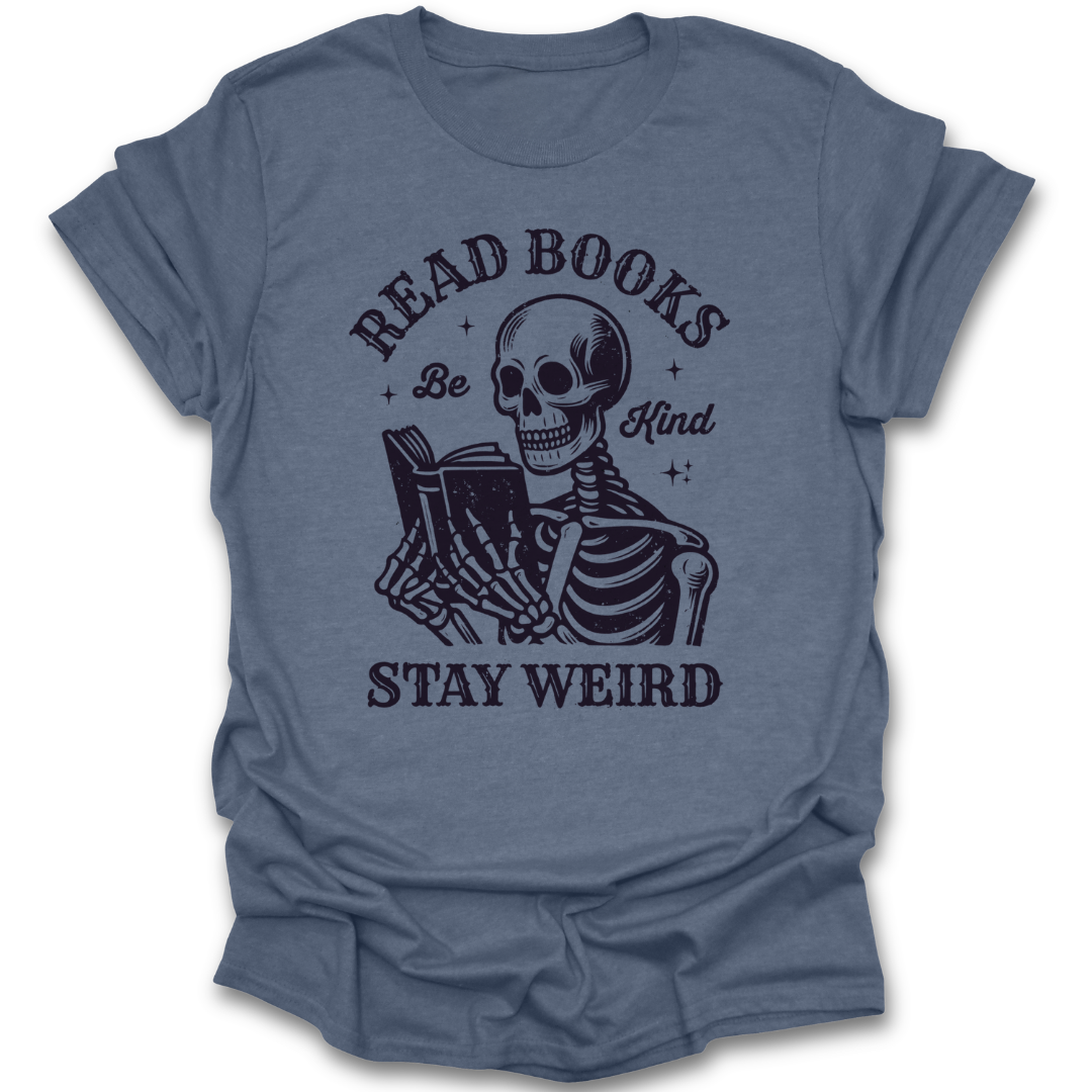 Blue t-shirt with skeleton reading a book graphic and text on a white background funny book reading literary t shirt