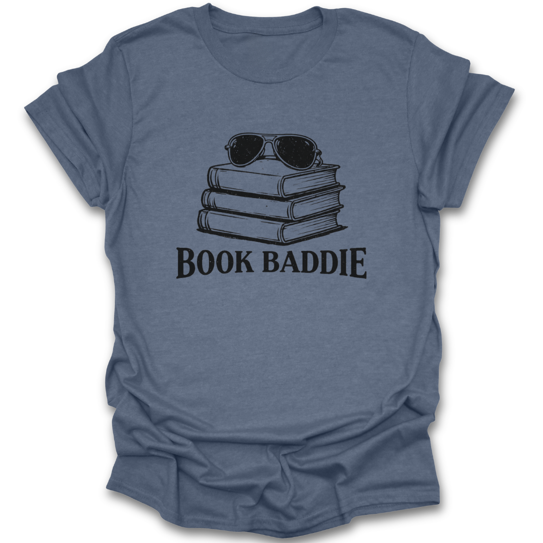Blue t-shirt with 'Book Baddie' graphic and sunglasses on books design. funny book reading literary t shirt