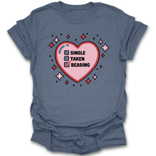 Blue t-shirt with a pink heart graphic and text on a white background romance funny book reading literary t shirt