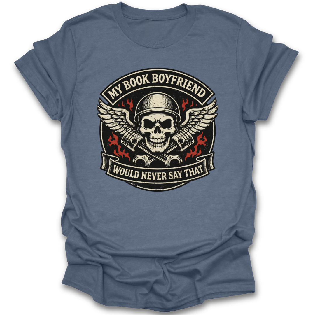 Blue t-shirt with skull graphic and text on a white background motorcycle romance funny book reading literary t shirt