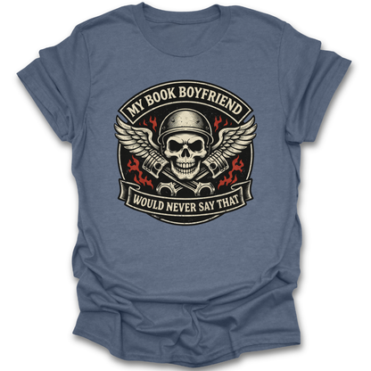 Blue t-shirt with skull graphic and text on a white background motorcycle romance funny book reading literary t shirt