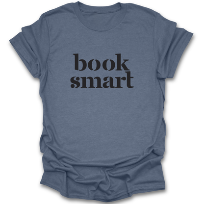 Blue t-shirt with 'book smart' text on a white background funny book reading literary t shirt