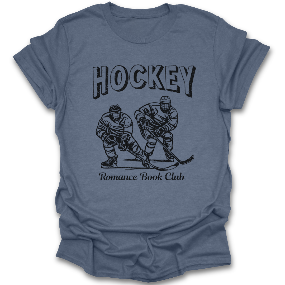 Blue t-shirt with hockey-themed graphic and text on a white background hockey romance book reading literary t shirt