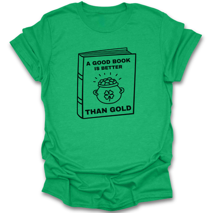 Green t-shirt with a book graphic and text on a white background st patricks day funny book reading literary t shirt