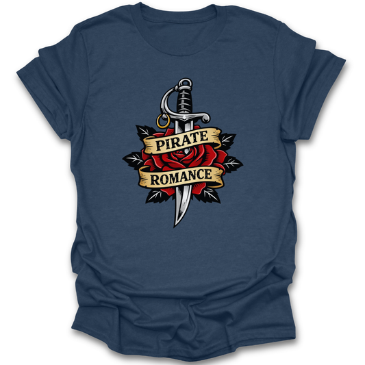 Blue t-shirt with 'Pirate Romance' design featuring a sword and rose on a white background funny book reading literary t shirt