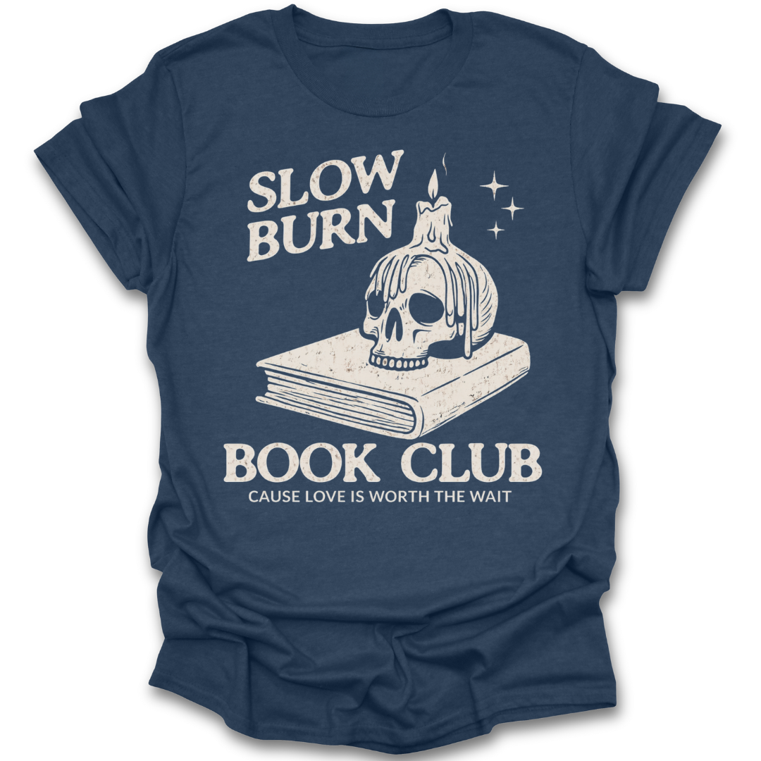 Navy blue t-shirt with 'Slow Burn Book Club' graphic and text on a white background dark romance funny book reading literary t shirt
