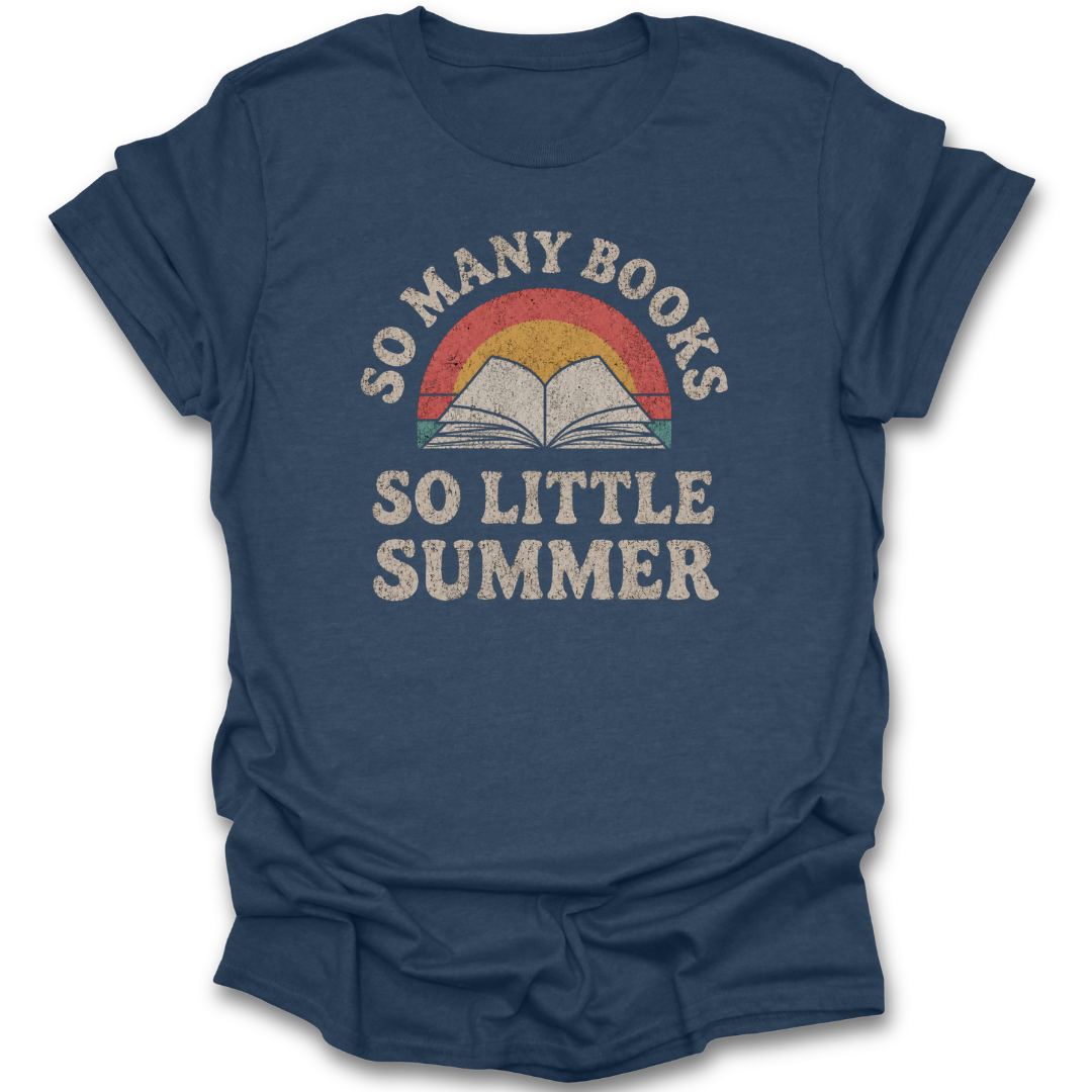 Blue t-shirt with 'So Many Books So Little Summer' graphic design on a white background