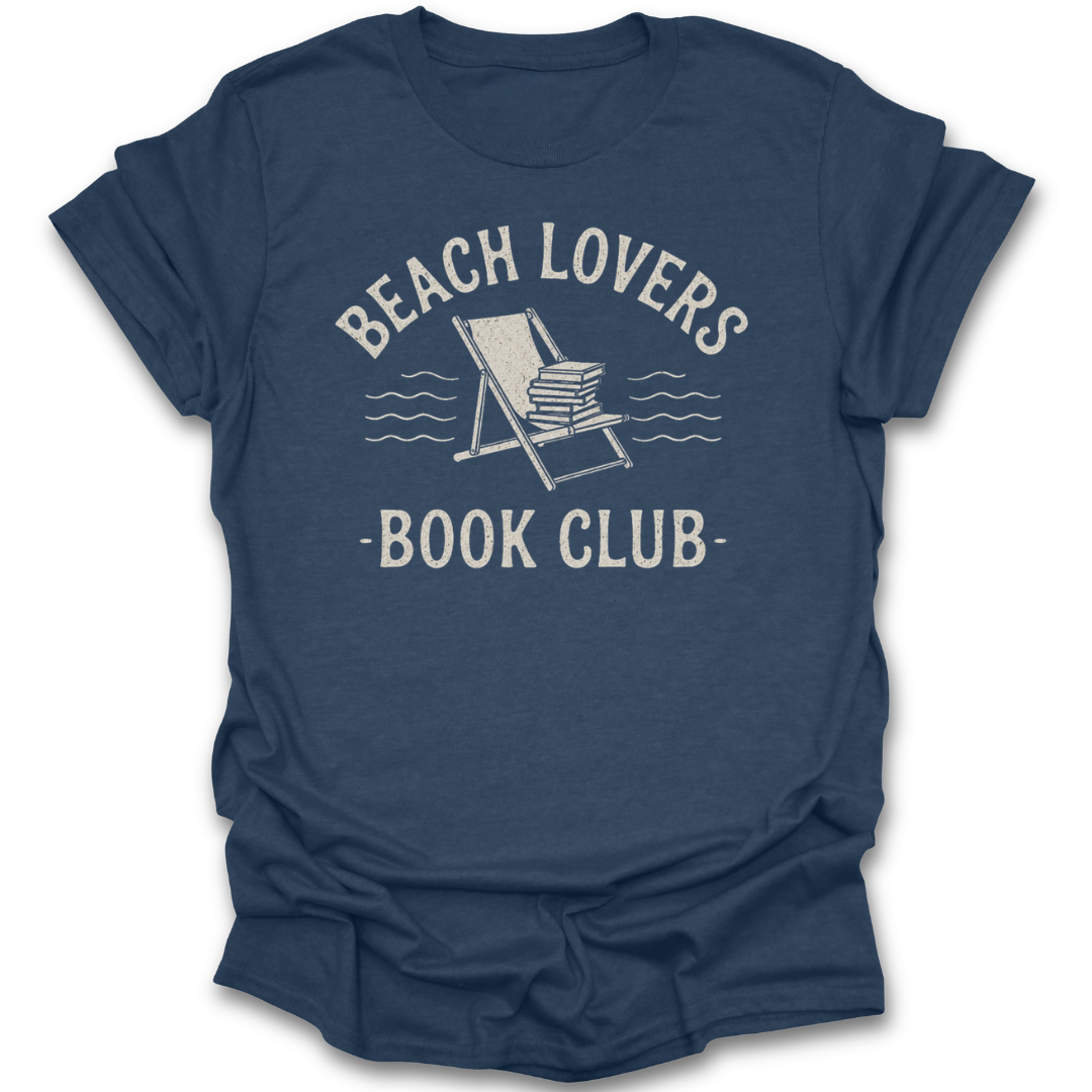 Blue t-shirt with 'Beach Lovers Book Club' text and graphic on a white background