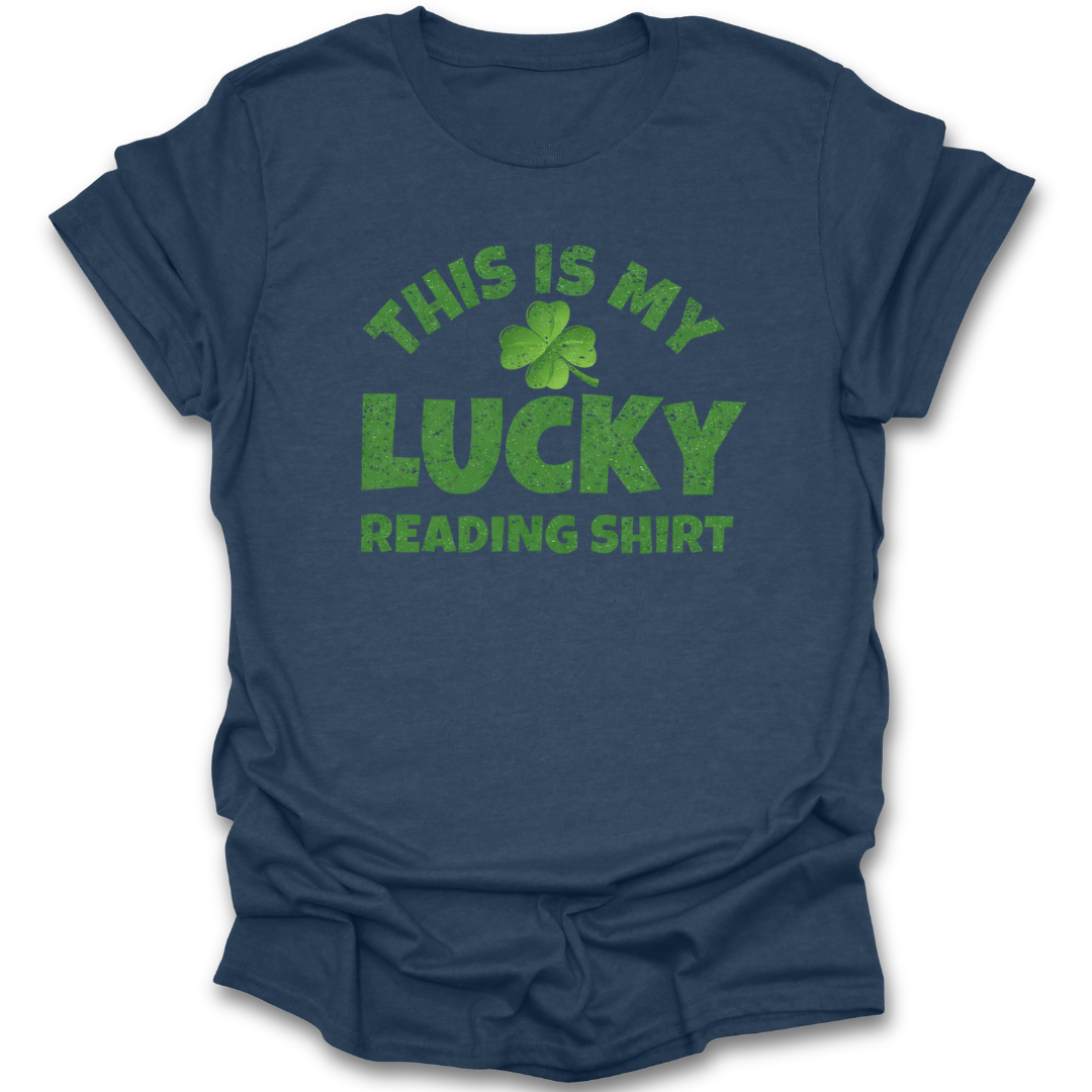 Blue t-shirt with green text and shamrock graphic on a white background st patricks day funny book reading literary t shirt