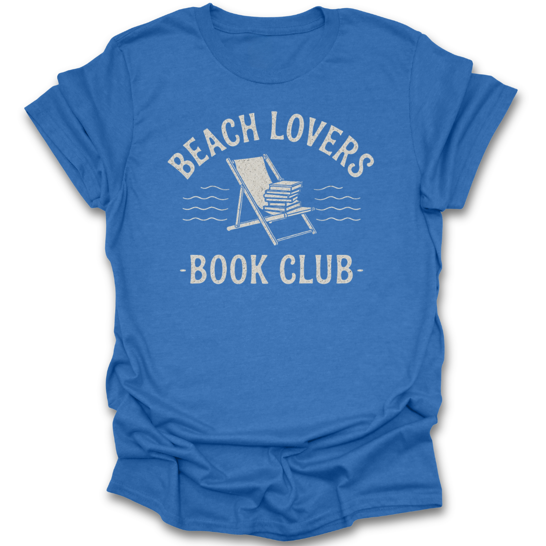 Blue t-shirt with 'Beach Lovers Book Club' graphic on a white background