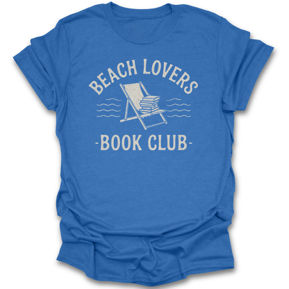 Blue t-shirt with 'Beach Lovers Book Club' graphic on a white background