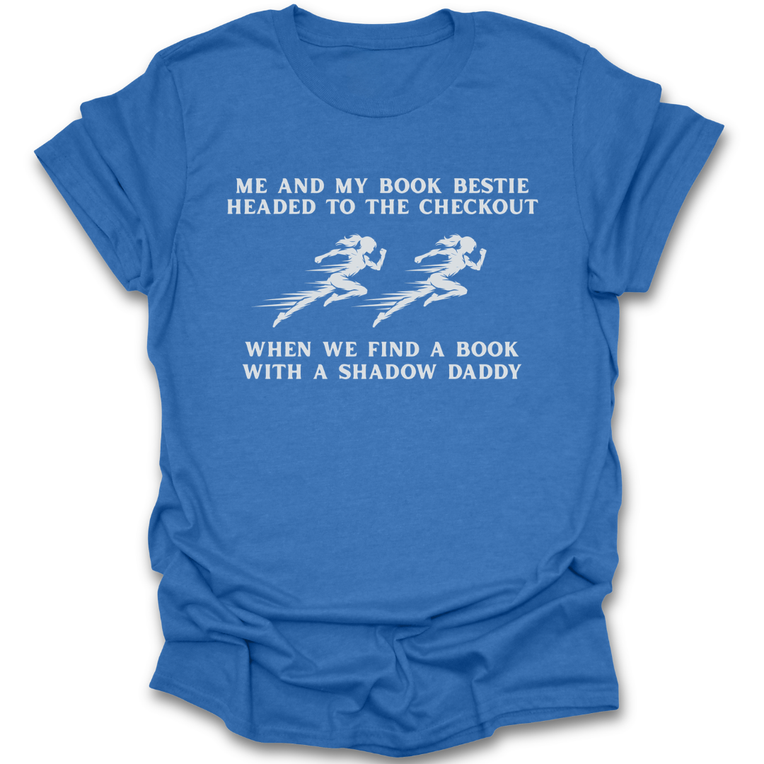 Blue t-shirt with white text and graphics on a white background fantasy funny book reading literary t shirt