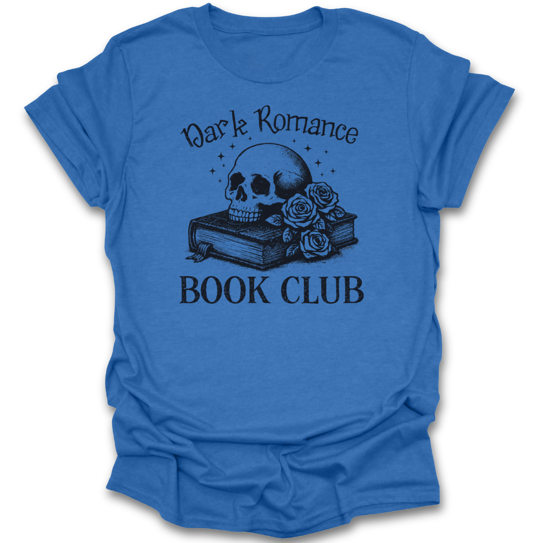 Blue t-shirt with 'Dark Romance Book Club' graphic design on a white background 