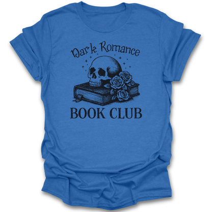 Blue t-shirt with 'Dark Romance Book Club' graphic design on a white background 