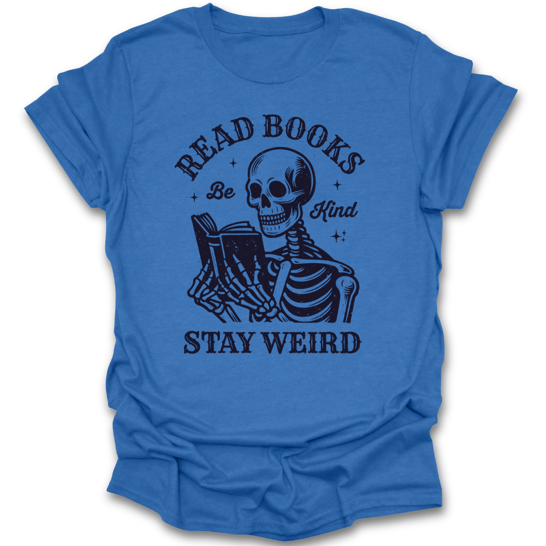 Blue t-shirt with a skeleton reading a book graphic and text on a white background funny book reading literary t shirt