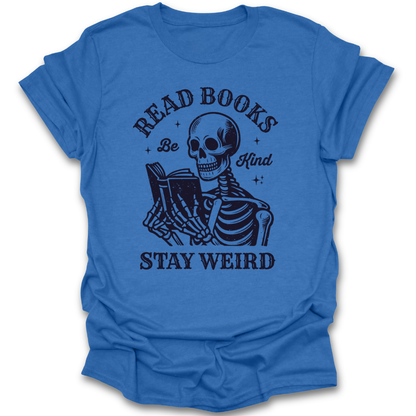 Blue t-shirt with a skeleton reading a book graphic and text on a white background funny book reading literary t shirt