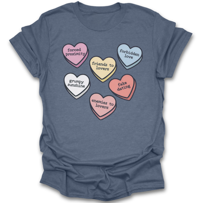 Blue t-shirt with colorful heart-shaped text design on a white background valentine romance literary t shirt
