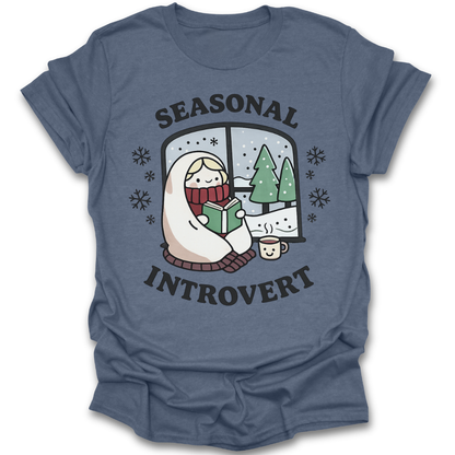 Blue t-shirt with 'Seasonal Introvert' graphic design on a white background book lover t shirt