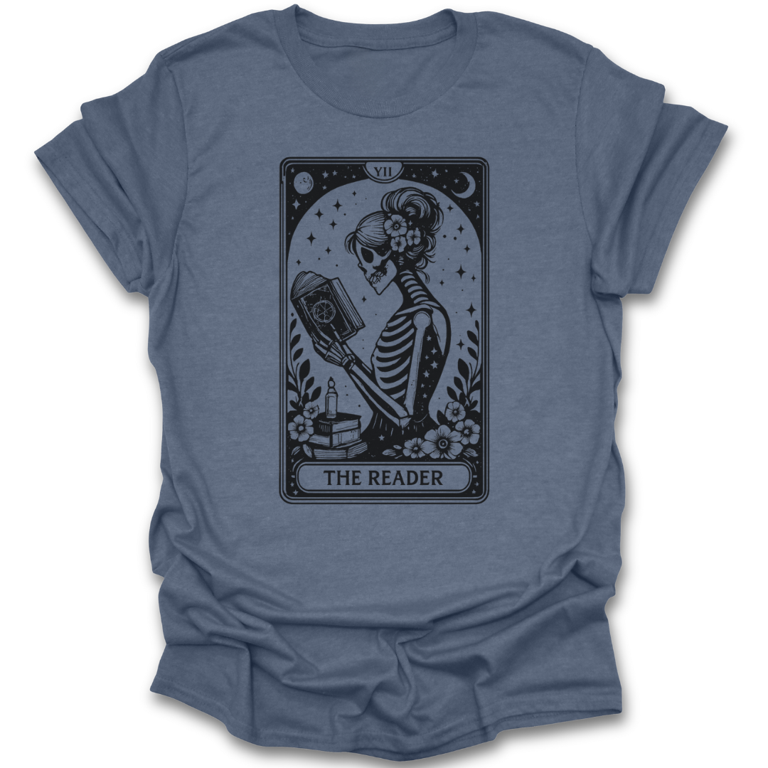 Blue t-shirt with a skeleton and tarot card design on a white background funny book reading t shirt