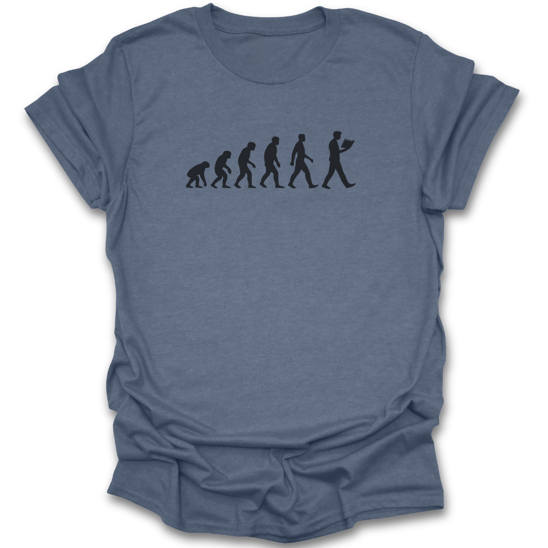 Blue t-shirt with black graphic of evolution on a white background funny book reading literary t shirt