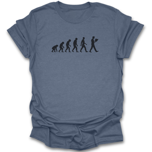 Blue t-shirt with black graphic of evolution on a white background funny book reading literary t shirt