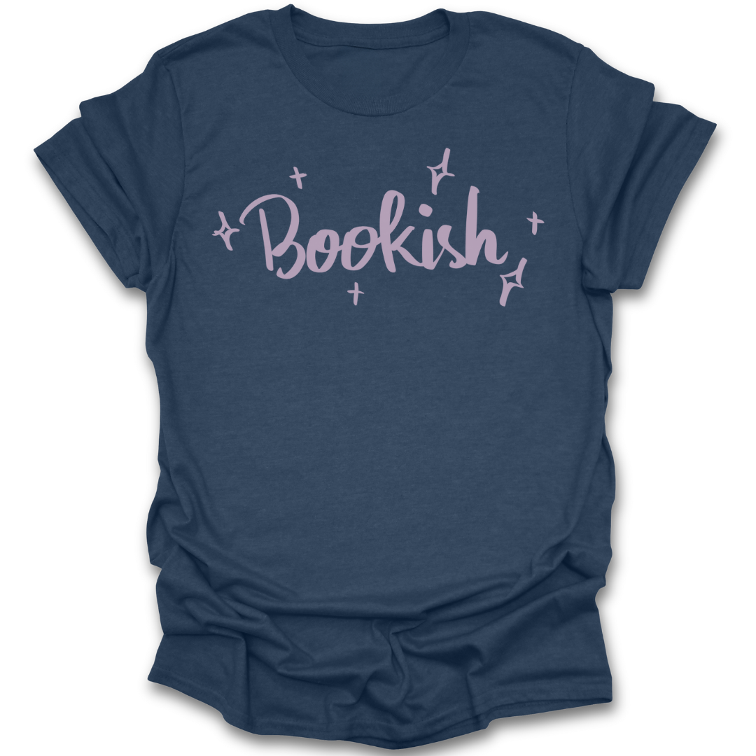 Blue t-shirt with 'Bookish' text on a white background book reading literary t shirt