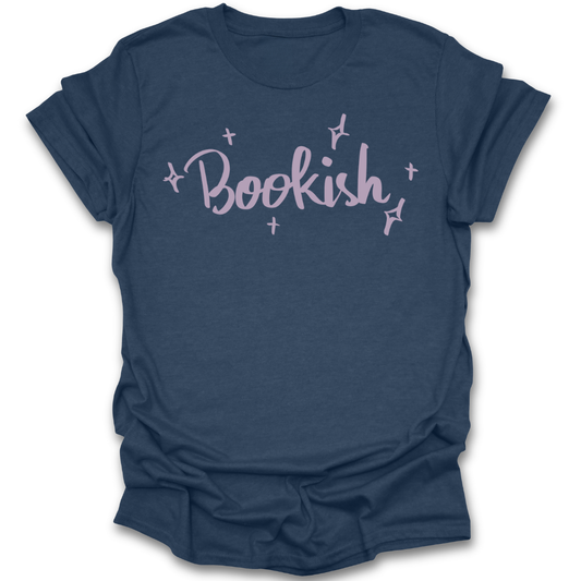 Blue t-shirt with 'Bookish' text on a white background book reading literary t shirt