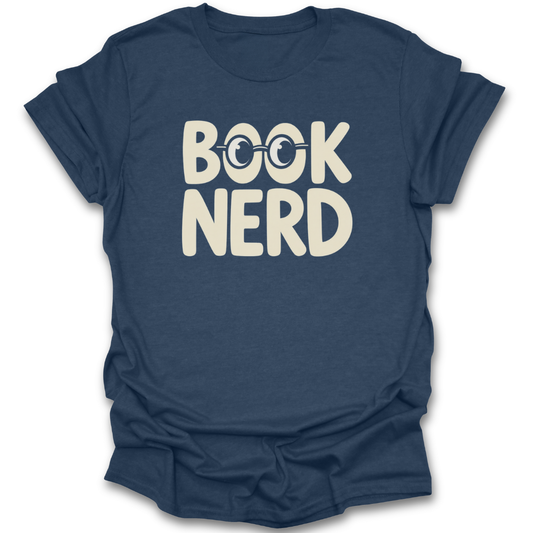Blue t-shirt with 'Book Nerd' text on a white background reading t shirt