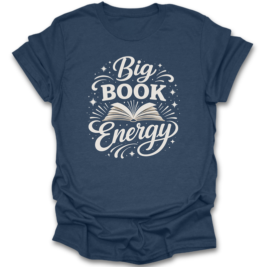 Navy blue t-shirt with 'Big Book Energy' text design on a white background