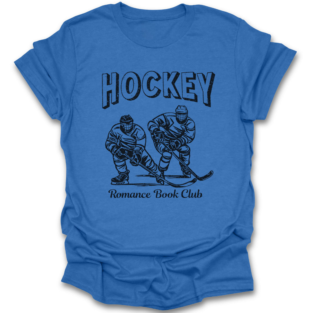 Blue t-shirt with hockey-themed graphic and text on a white background hockey romance book reading literary t shirt
