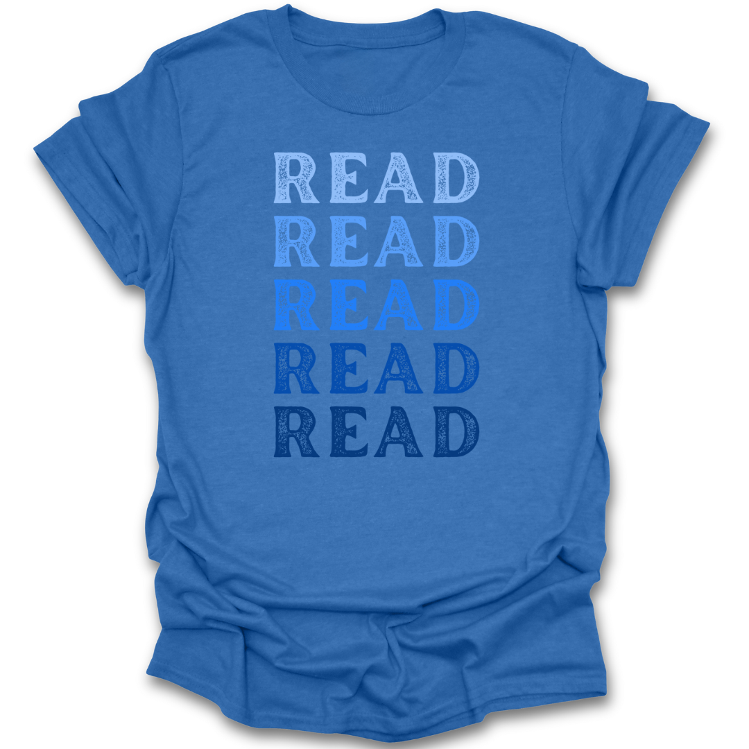 Blue t-shirt with 'READ' text printed multiple times on a white background reading book t shirt