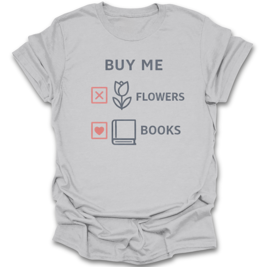 Gray t-shirt with text and icons on a white background romance funny book reading literary t shirt