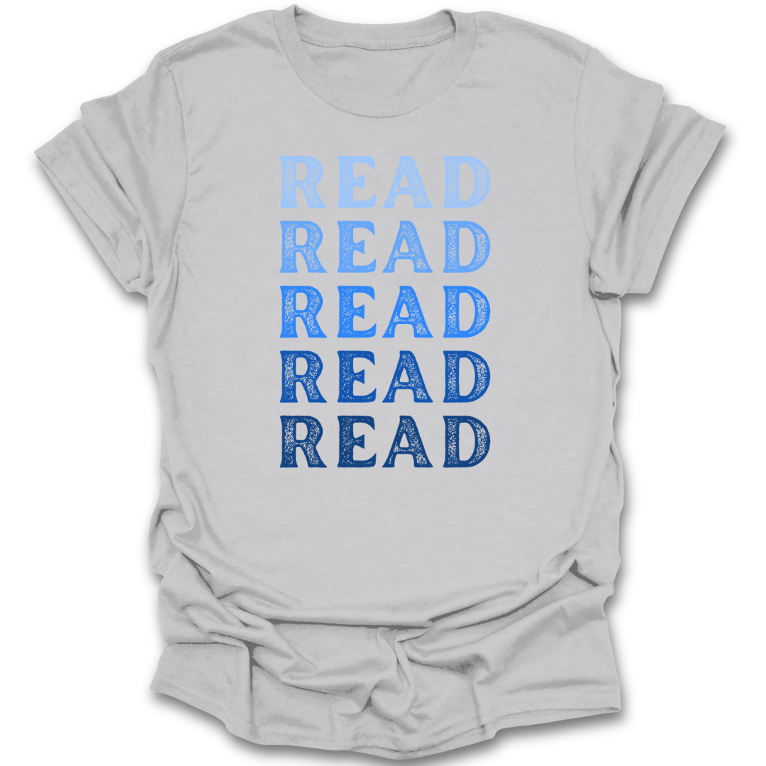 Gray t-shirt with blue 'READ' text on a white background reading book t shirt