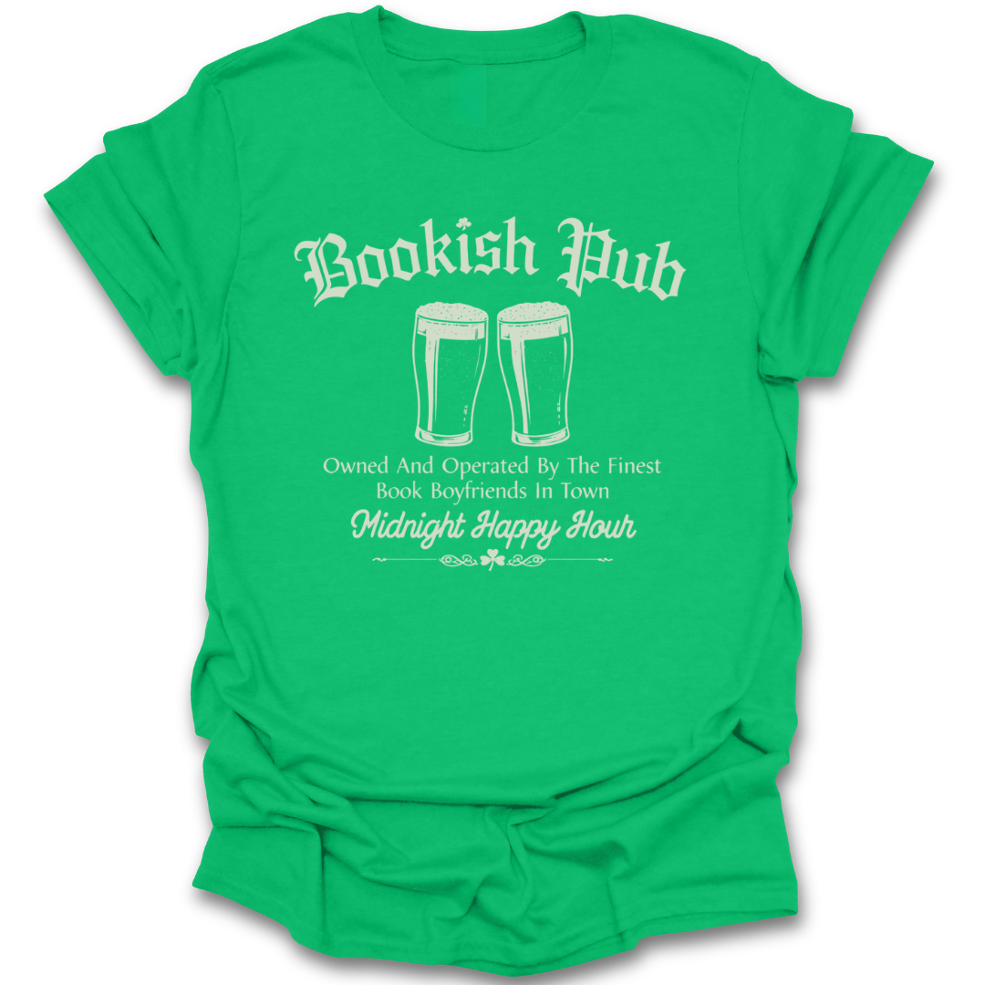 Green t-shirt with 'Bookish Pub' text and graphics on a white background st patricks day funny book reading literary t shirt