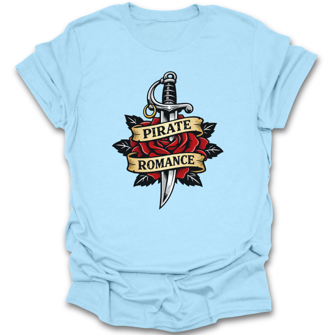Light blue t-shirt with a sword and rose design and 'Pirate Romance' text on a white background pirate romance book reading literary t shirt
