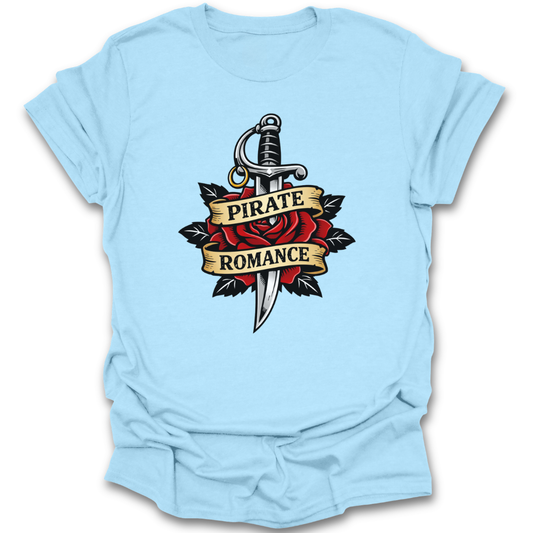 Light blue t-shirt with a sword and rose design and 'Pirate Romance' text on a white background pirate romance book reading literary t shirt