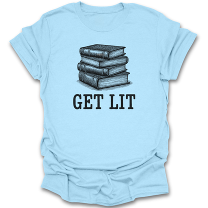 Light blue t-shirt with a graphic of stacked books and 'GET LIT' text on a white background reading book literary t shirt