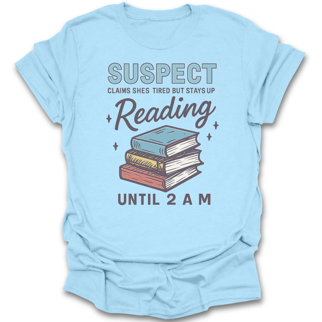 Light blue t-shirt with books graphic and text on a white background crime mystery