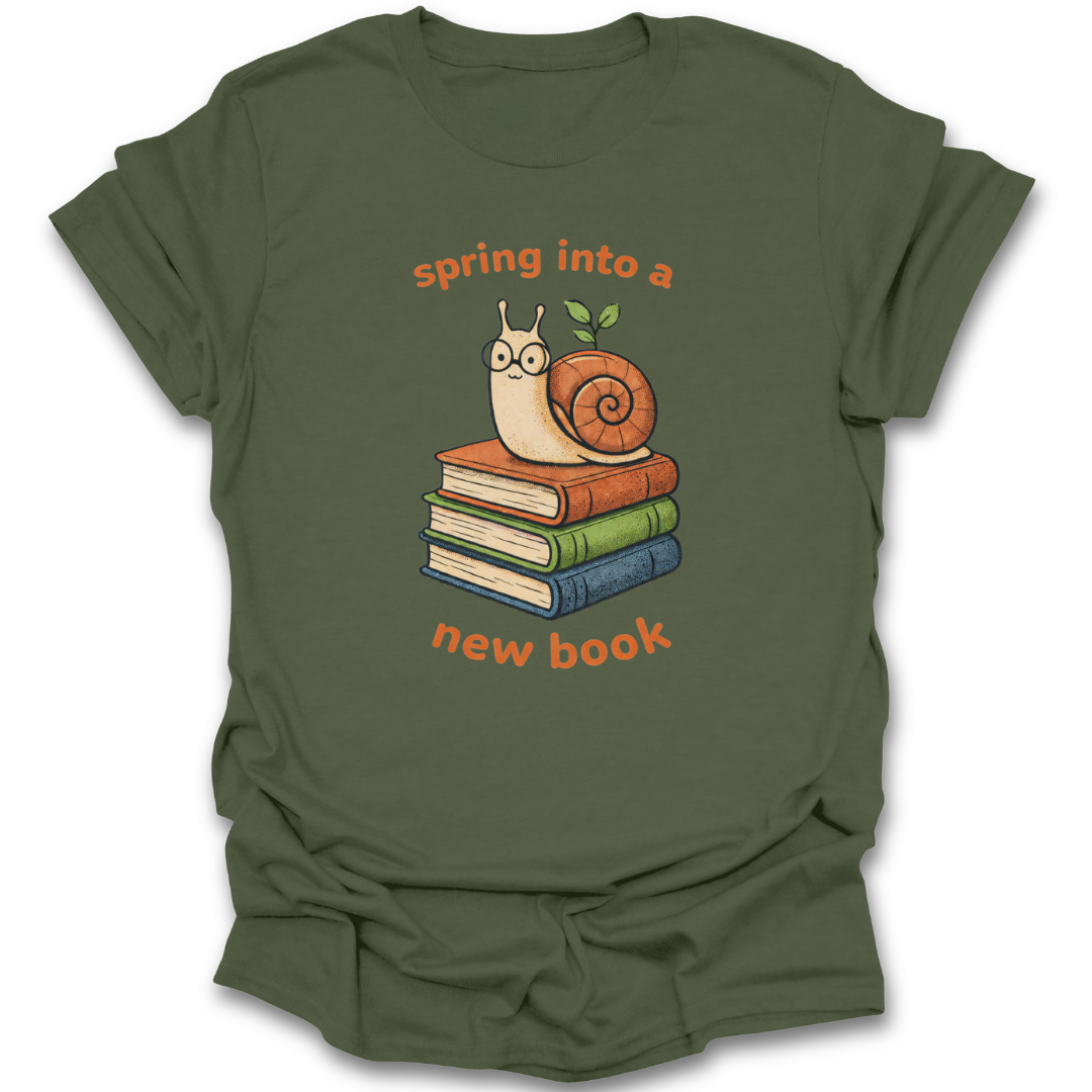 Green t-shirt with a cute snail and books graphic and 'spring into a new book' text on a white background funny book reading literary t shirt