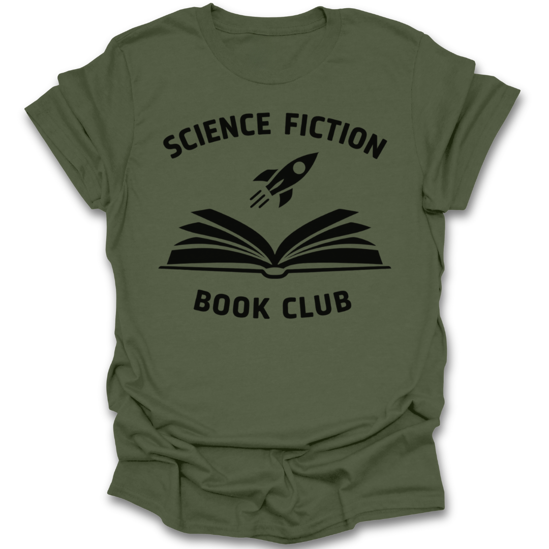 Green t-shirt with 'Science Fiction Book Club' design featuring a book and rocket on a white background sci fi  book reading literary t shirt