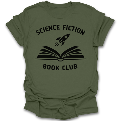 Green t-shirt with 'Science Fiction Book Club' design featuring a book and rocket on a white background sci fi  book reading literary t shirt