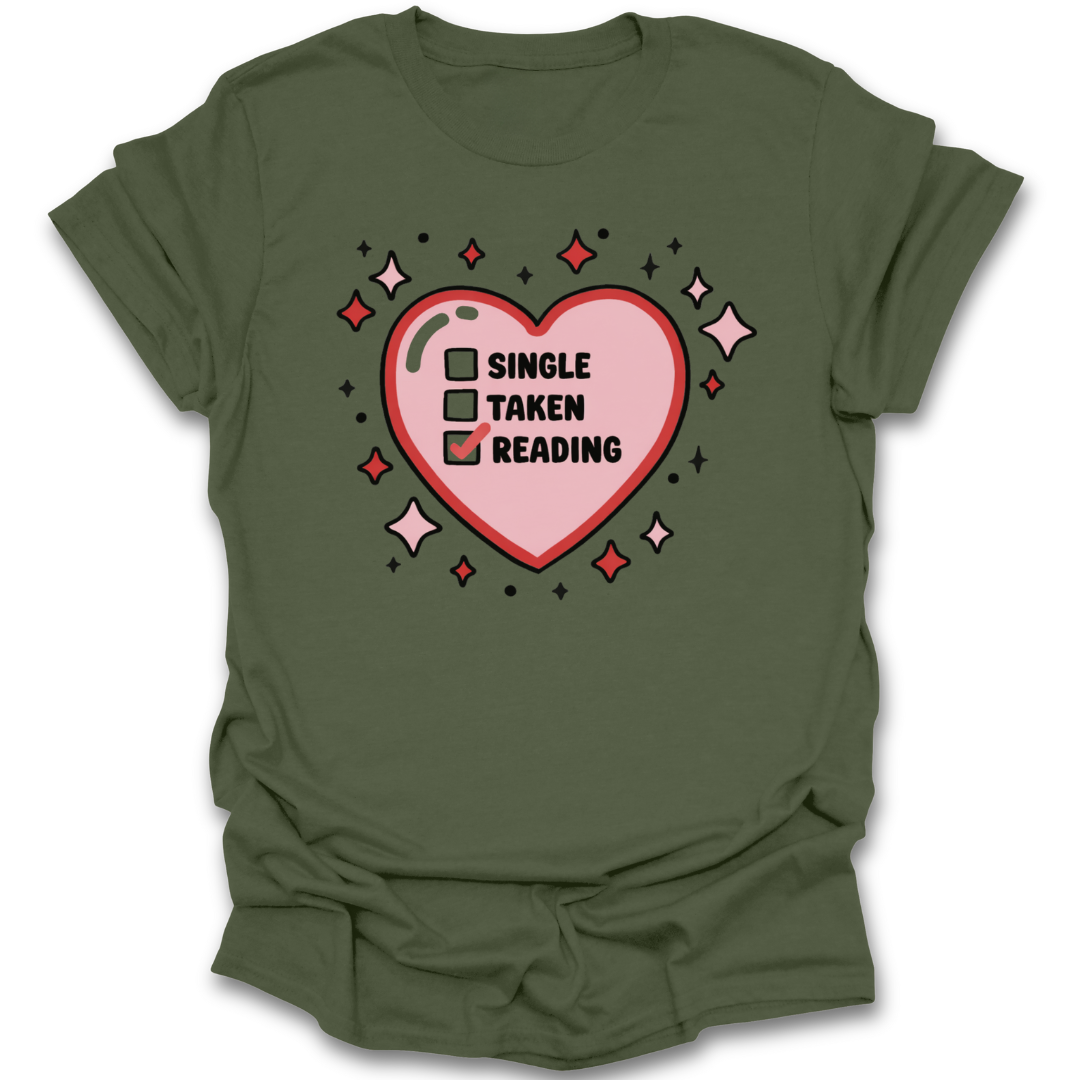Green t-shirt with a pink heart graphic and text on a white background romance valentine funny book reading literary t shirt