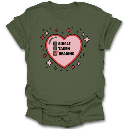 Green t-shirt with a pink heart graphic and text on a white background romance valentine funny book reading literary t shirt