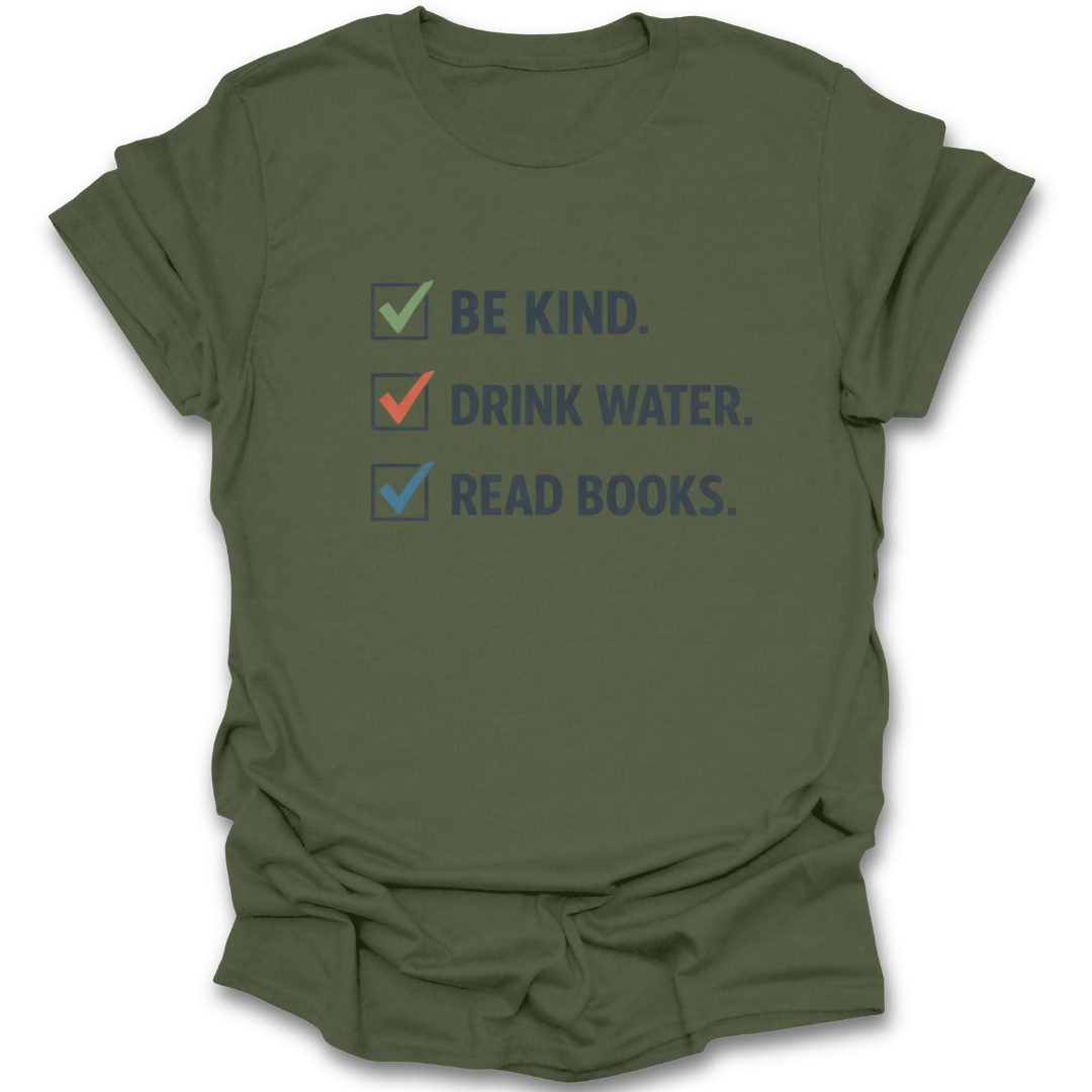 Green t-shirt with motivational text and checkboxes on a white background funny book reading literary t shirt