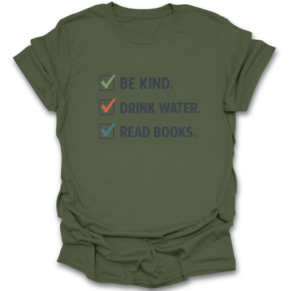 Green t-shirt with motivational text and checkboxes on a white background funny book reading literary t shirt